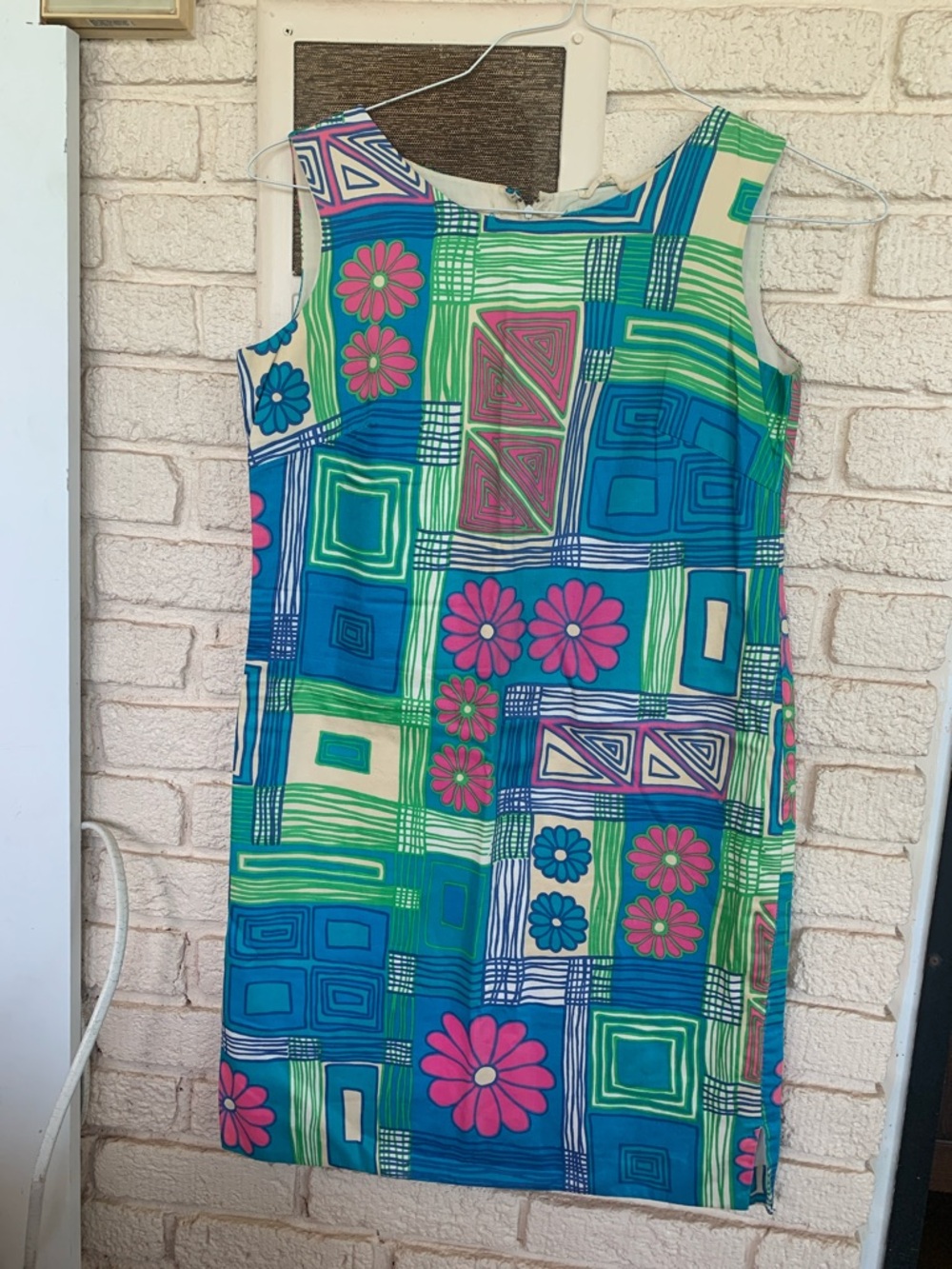 Vibrant Graphic Floral Shift Dress - Blue & Green with Pink Accents